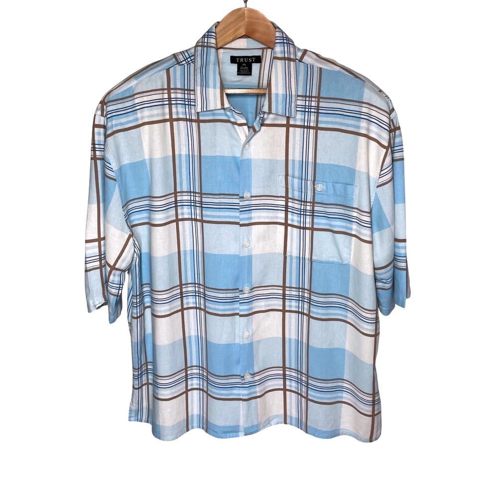 Trust Mens 3XL Linen Blend Plaid Short Sleeve Button Up Shirt Blue White Brown
